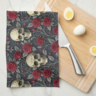 Gotische vintage schedel en rode rozen bloemmotief theedoek