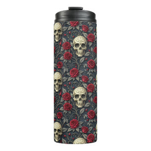 Gotische vintage schedel en rode rozen bloemmotief thermosbeker