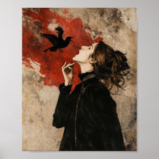 Gotische vrouw met raaf donkere fantasy-muurkunst poster