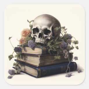 Gotische Waterverf Schedel met Bloemen Vierkante Sticker