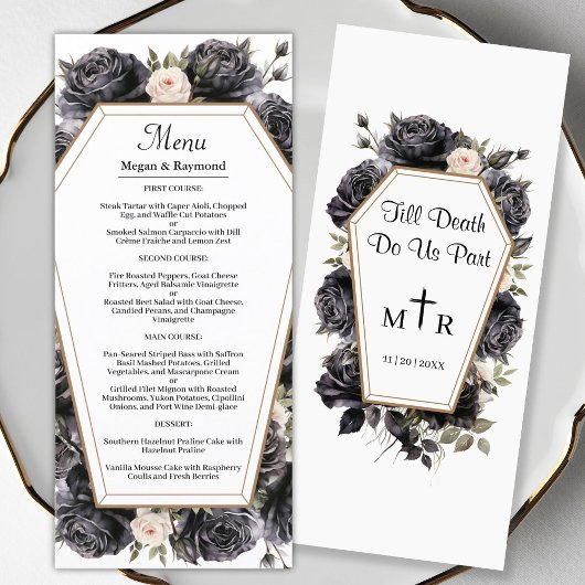 Gotische Zwart Bloemen Bruiloft Menu