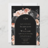 Gotische  Zwart Blush Arch Monogram Bruiloft Kaart (Voorkant)