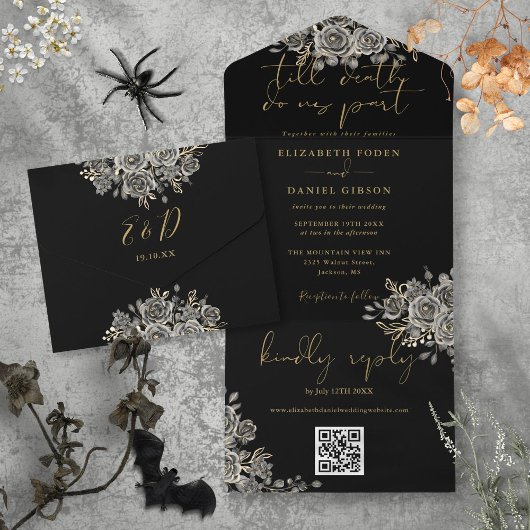 Gotische zwart en gouden Rozen QR code bruiloft All In One Uitnodiging