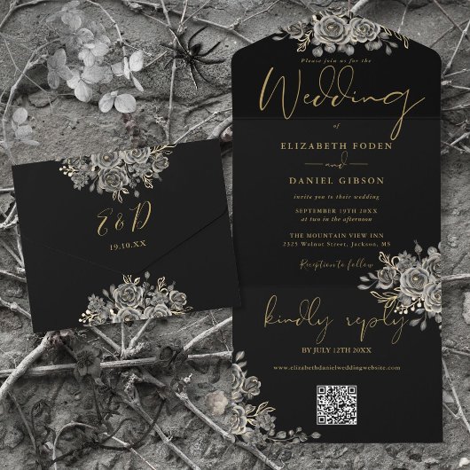 Gotische zwart en gouden Rozen QR code bruiloft All In One Uitnodiging