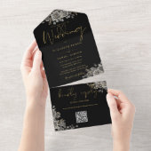 Gotische zwart en gouden Rozen QR code bruiloft All In One Uitnodiging (Afscheurbaar)