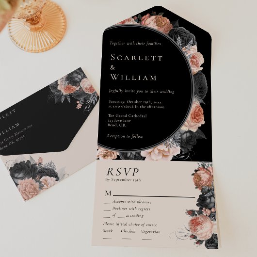 Gotische  Zwart Menu Keuze RSVP Bruiloft All In One Uitnodiging