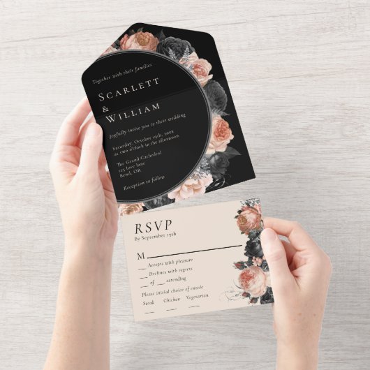 Gotische  Zwart Menu Keuze RSVP Bruiloft All In One Uitnodiging (Afscheurbaar)