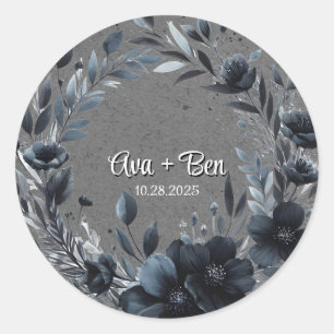 Gotische zwarte bloemen bruiloft ronde sticker
