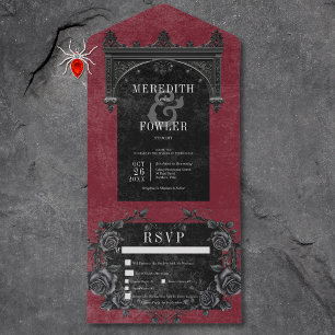 Gotische zwarte boog & zwarte Rozen Wine Three Din All In One Uitnodiging