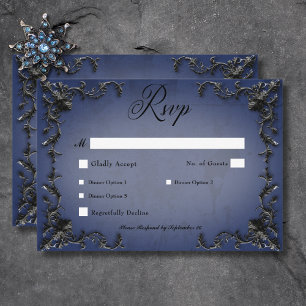 Gotische zwarte en blauwe filigraan hart diner RSVP kaartje