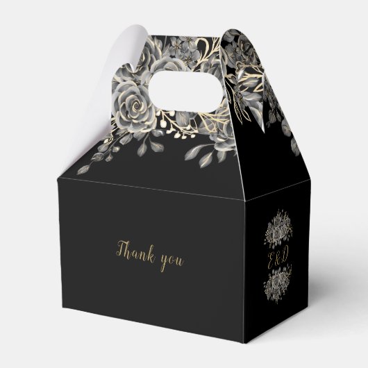 Gotische zwarte en gouden bloemrozen monogram brui bedankdoosjes (Achterkant)
