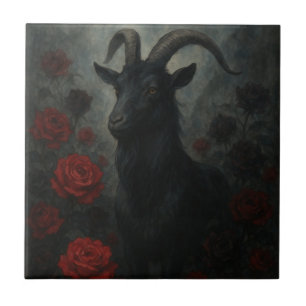 Gotische Zwarte Geit met Rode Rozen Donkere Kunst Tegeltje