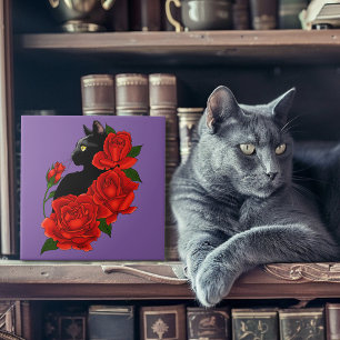 Gotische Zwarte Kat Rode Rozen Paars Tegeltje