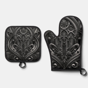 Gotische zwarte ovenwantenset ovenwant & pannenlap set