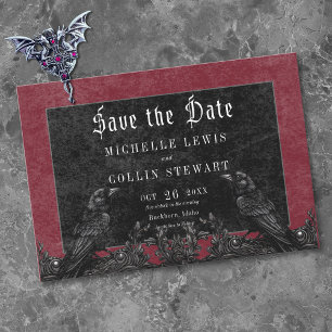 Gotische Zwarte Raaf & Rozen Bourgondië Bruiloft Save The Date