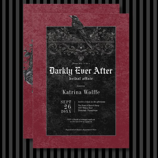 Gotische Zwarte Raaf & Rozen Wijn Bruidsdouche Kaart