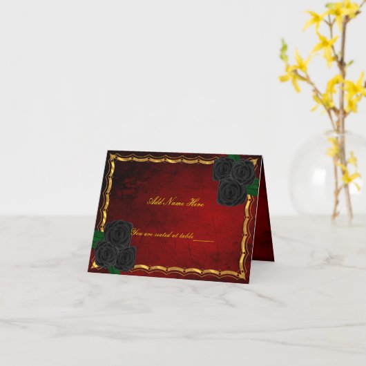 Gotische Zwarte Rozen Bloed Rode Trouwtafel Plaats Kaart (Gele Bloem)