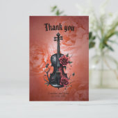 Gotische zwarte viool met rode rozen bedankkaart (Staand voorkant)