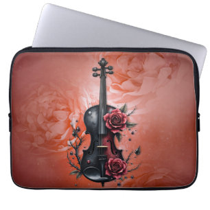 Gotische zwarte viool met rode rozen laptop sleeve