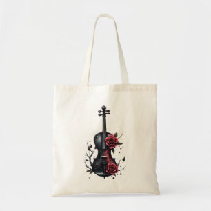 Gotische zwarte viool met rode rozen tote bag