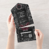 Gotische zwarte wijn filigraan mot QR Code bruilof All In One Uitnodiging (Afscheurbaar)