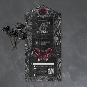 Gotische Zwarte Wijn Filigree Mot QR Code Bruiloft All In One Uitnodiging