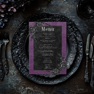 Gotische Zwarwe Raaf & Zwarte Rozen Paarse Bruilof Menu