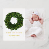 Gouache Boxwood Krans Eerste Baby Kerstfoto Folie Feestdagen Briefkaart (Voorkant)