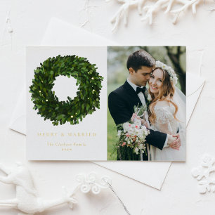 Gouache Boxwood Krans Pas getrouwd Kerstfoto Folie Feestdagen Briefkaart
