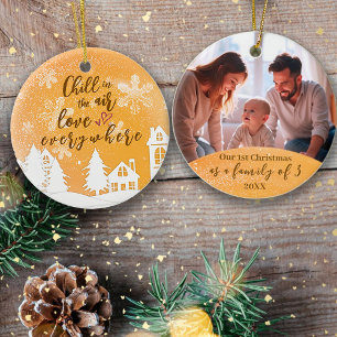 Goud 1e Kerstfamilie van 3 Quote Foto Keramisch Ornament