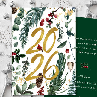 Goud 2025 Feestelijke Kerst Pine Bough Rode Bloeme Feestdagenkaart
