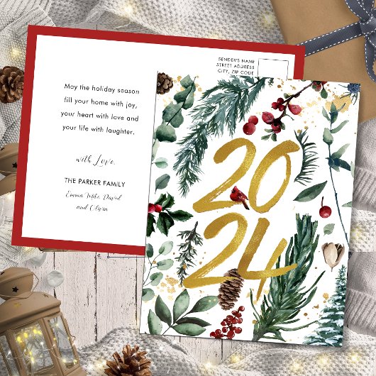 Goud 2025 Feestelijke Kerst Pine Bough Rode Bloeme Feestdagenkaart