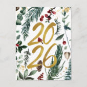 Goud 2025 Feestelijke Kerst Pine Bough Rode Bloeme Feestdagenkaart (Voorkant)