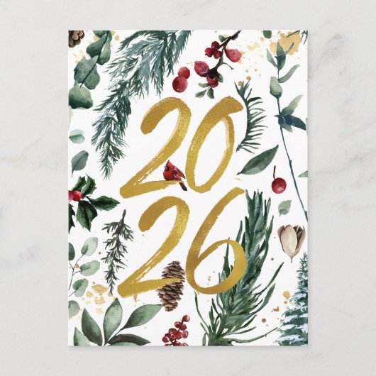 Goud 2025 Feestelijke Kerst Pine Bough Rode Bloeme Feestdagenkaart (Voorkant)