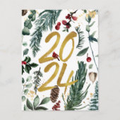 Goud 2025 Feestelijke Kerst Pine Bough Rode Bloeme Feestdagenkaart (Voorkant)