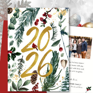 Goud 2025 Feestelijke Kerstmis Pine Bough Red Foto Feestdagen Kaart