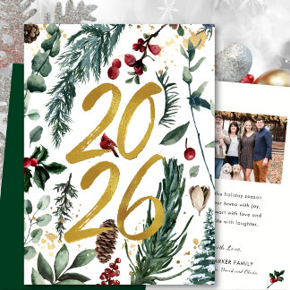 Goud 2025 Feestelijke Kerstmis Pine Bough Red Foto Feestdagen Kaart