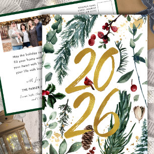 Goud 2025 Feestelijke Kerstmis Pine Bough Red Foto Feestdagenkaart