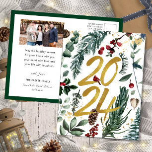 Goud 2025 Feestelijke Kerstmis Pine Bough Red Foto Feestdagenkaart