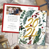 Goud 2025 Feestelijke Kerstmis Pine Bough Red Foto Feestdagenkaart