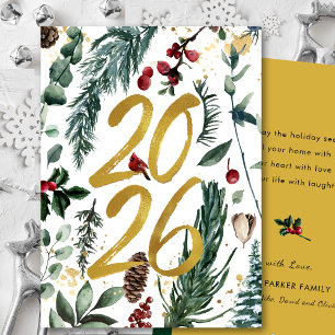 Goud 2026 Festelijke Kerstdennen Tak Rode Bloemen Feestdagenkaart