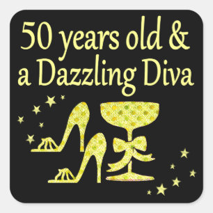 GOUD 50 JAAR OUD EN EEN SCHITTEREND DIVA-ONTWERP VIERKANTE STICKER