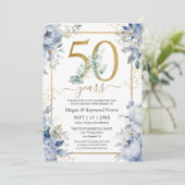 Goud 50e bruiloft Jubileum Dusty Blue Floral Kaart (Staand voorkant)