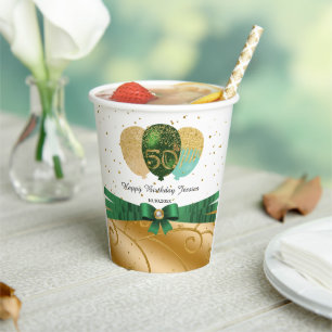 Goud 50e verjaardag, Groen Zijde Lint, Ballonnen Papieren Bekers