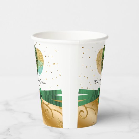 Goud 50e verjaardag, Groen Zijde Lint, Ballonnen Papieren Bekers (Rechts)