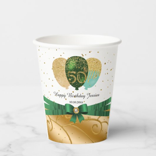 Goud 50e verjaardag, Groen Zijde Lint, Ballonnen Papieren Bekers (Voorkant)