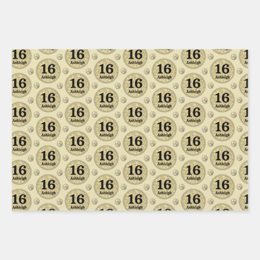 Goud Aangepaste Naam Leeftijd 16 Verjaardag Inpakpapier Vel (Voorkant 3)