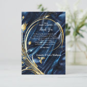 Goud abstract bloemetjes op Simmery Blue Silk RSVP Kaartje (Staand voorkant)
