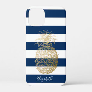 Goud anananas, marineblauw, gepersonaliseerd in st iPhone 12 mini hoesje
