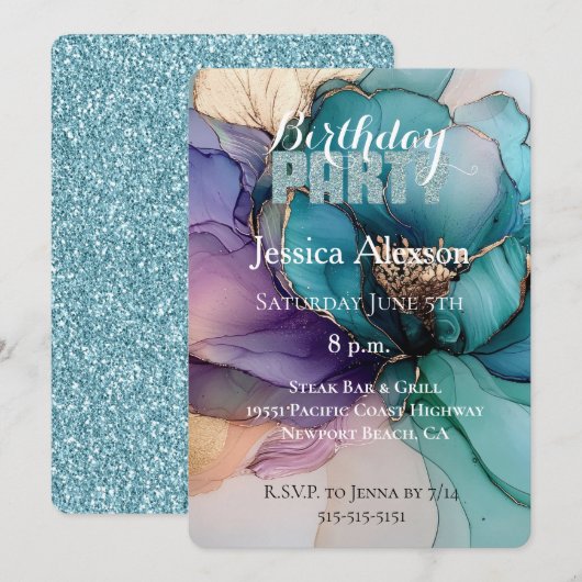 Goud Aqua Blauw Glitter Paarse Bloem Verjaardag Kaart (Voorkant / Achterkant)